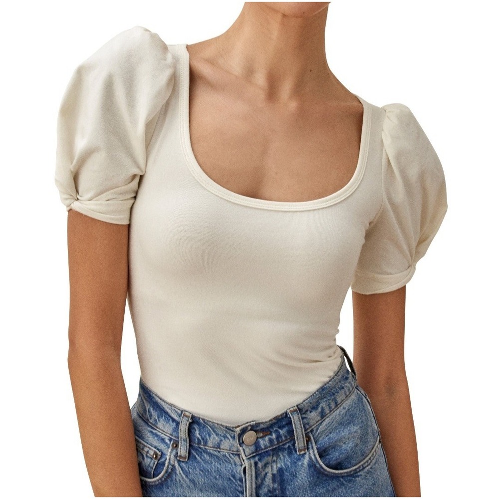 Reformation France Tee Shirt with Twisted Puff Sleeves Ivory Size S